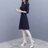 Women Summer Fashion Stripe Printing Thin Waist Three Quarter Sleeve A line Dress Dark blue M