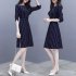 Women Summer Fashion Stripe Printing Thin Waist Three Quarter Sleeve A line Dress Dark blue XL
