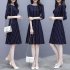Women Summer Fashion Stripe Printing Thin Waist Three Quarter Sleeve A line Dress   S