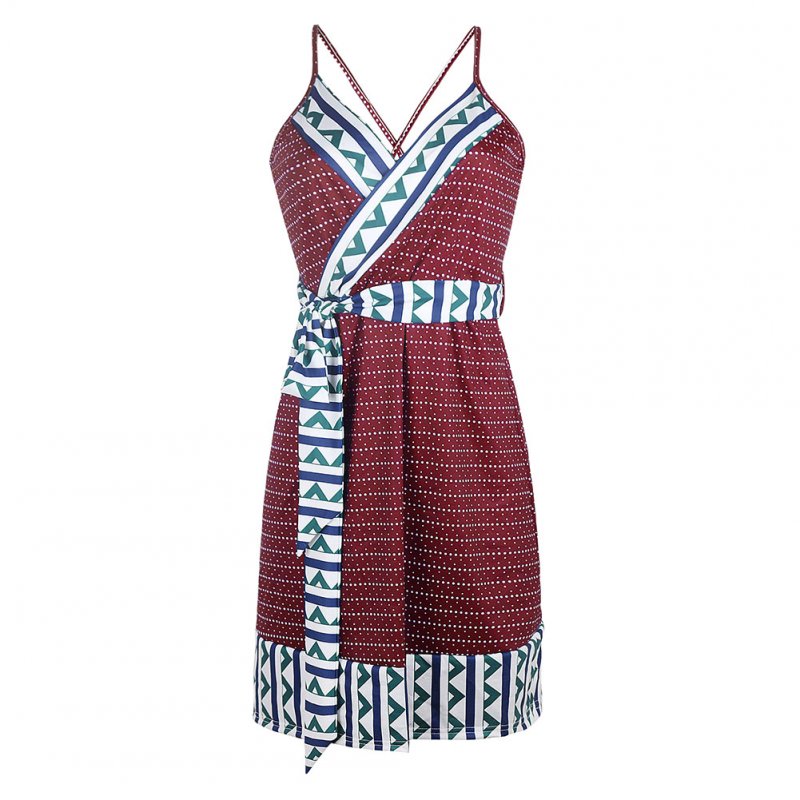 Women Summer Fashion Maternity Printed Sling Pregnant  Bohemian Style Dress Red wine_2XL