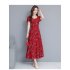 Women Summer Floral Large Size Slim Fit Mid length Dress Large Hem Slim Dress red L