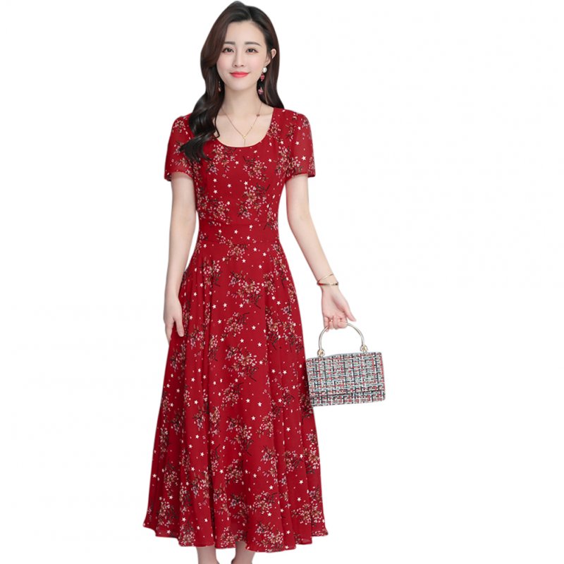 Women Summer Floral Large Size Slim Fit Mid-length Dress Large Hem Slim Dress red_L