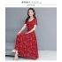 Women Summer Floral Large Size Slim Fit Mid length Dress Large Hem Slim Dress red L
