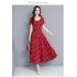 Women Summer Floral Large Size Slim Fit Mid length Dress Large Hem Slim Dress red XXL