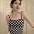 Women Summer Irregular Tank Tops Trendy Retro Checkerboard Printing Vest Casual Backless Tops Brown one size