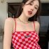 Women Summer Irregular Tank Tops Trendy Retro Checkerboard Printing Vest Casual Backless Tops Brown one size
