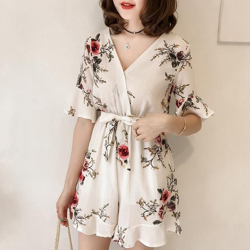 Women Summer Jumpsuits Chiffon Floral Printing Casual Clothes for Beach Vacation white_M