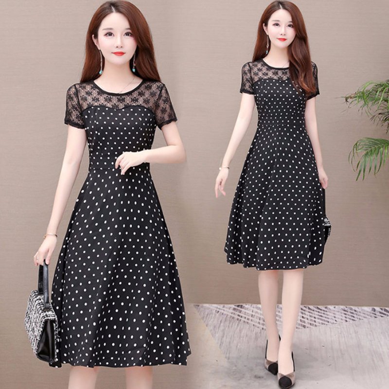 Women Summer Lace Patchwork Large Size Polka Dot Dress black_3XL