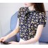 Women Summer Lacing Floral Printing Short Sleeve Chiffon Shirt  Light blue L