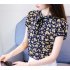 Women Summer Lacing Floral Printing Short Sleeve Chiffon Shirt  Light blue M