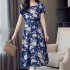 Women Summer Large Size Tight Waist Floral Printing Long Beach Dress 574  L