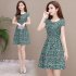 Women Summer Leisure Slim Floral Waist A line Dress green XL