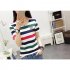 Women Summer Loose All match V neck Stripes Short Sleeve T shirt Red and green stripes XL
