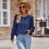 Women Summer Loose Blouse Casual Long Sleeve Round Neck Pullover Tops Simple Solid Color Elegant Shirt Army Green M