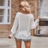 Women Summer Loose Blouse Casual Long Sleeve Round Neck Pullover Tops Simple Solid Color Elegant Shirt beige L
