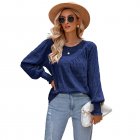Women Summer Loose Blouse Casual Long Sleeve Round Neck Pullover Tops Simple Solid Color Elegant Shirt navy blue M