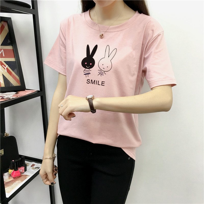 Women Summer Loose Cartoon Round Collar Short Sleeve T-shirt Shrimp pink_L