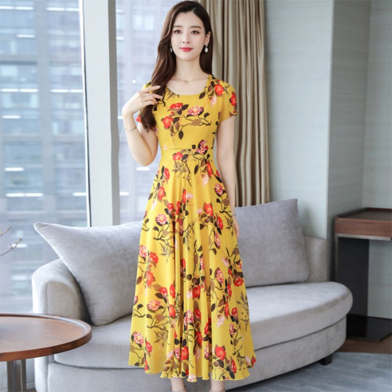 Women Summer Loose Round Collar Long Floral Pattern Short Sleeve Dress yellow_2XL