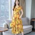 Women Summer Loose Round Collar Long Floral Pattern Short Sleeve Dress yellow 2XL