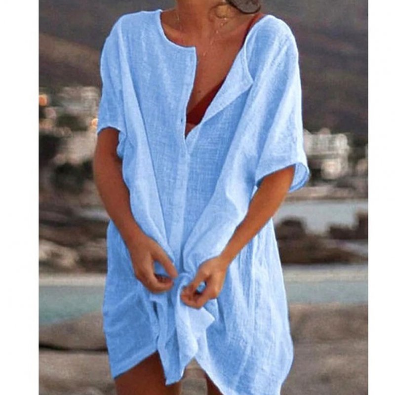 Women Summer Loose Solid Color Short-sleeved Shirt blue_S