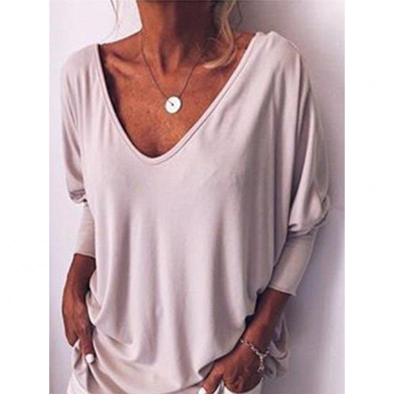 Women Summer Loose-sleeve V-collar T-shirt with Back Button white_M