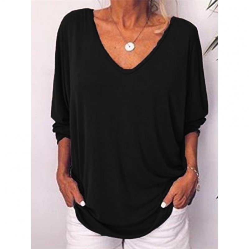 Women Summer Loose-sleeve V-collar T-shirt with Back Button black_XL