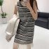 Women Summer Loosen Knitted Dress Sleeveless Round Neck Tassels Hem Contrast Color Striped Dresses Apricot strips One size fits all