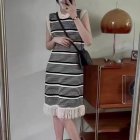 Women Summer Loosen Knitted Dress Sleeveless Round Neck Tassels Hem Contrast Color Striped Dresses white strips One size fits all