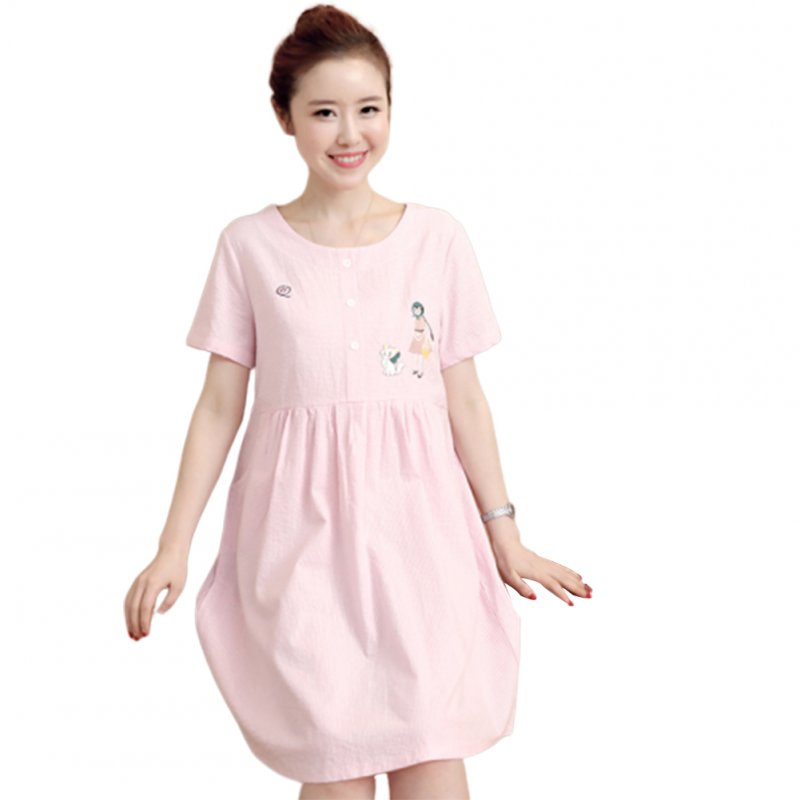 Women Summer Maternity Dress Cotton Short-sleeve Mid-length Dress Pink_XL