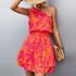 Women Summer One Shoulder Dress Bohemian Floral Printing Elastic Waist A Line Skirt Casual Lace up Short Dress orange XL