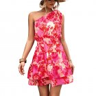 Women Summer One Shoulder Dress Bohemian Floral Printing Elastic Waist A Line Skirt Casual Lace-up Short Dress rose red M