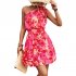 Women Summer One Shoulder Dress Bohemian Floral Printing Elastic Waist A Line Skirt Casual Lace up Short Dress rose red XL