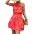 Women Summer One Shoulder Dress Bohemian Floral Printing Elastic Waist A Line Skirt Casual Lace up Short Dress rose red XL