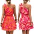 Women Summer One Shoulder Dress Bohemian Floral Printing Elastic Waist A Line Skirt Casual Lace up Short Dress rose red XL