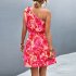 Women Summer One Shoulder Dress Bohemian Floral Printing Elastic Waist A Line Skirt Casual Lace up Short Dress rose red XL