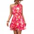 Women Summer One Shoulder Dress Bohemian Floral Printing Elastic Waist A Line Skirt Casual Lace up Short Dress rose red XL