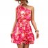 Women Summer One Shoulder Dress Bohemian Floral Printing Elastic Waist A Line Skirt Casual Lace up Short Dress rose red XL