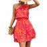 Women Summer One Shoulder Dress Bohemian Floral Printing Elastic Waist A Line Skirt Casual Lace up Short Dress rose red XL