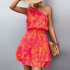 Women Summer One Shoulder Dress Bohemian Floral Printing Elastic Waist A Line Skirt Casual Lace up Short Dress rose red XL