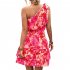 Women Summer One Shoulder Dress Bohemian Floral Printing Elastic Waist A Line Skirt Casual Lace up Short Dress rose red XL