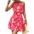 Women Summer One Shoulder Dress Bohemian Floral Printing Elastic Waist A Line Skirt Casual Lace up Short Dress rose red XL