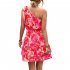 Women Summer One Shoulder Dress Bohemian Floral Printing Elastic Waist A Line Skirt Casual Lace up Short Dress rose red XL