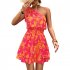 Women Summer One Shoulder Dress Bohemian Floral Printing Elastic Waist A Line Skirt Casual Lace up Short Dress rose red XL