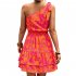 Women Summer One Shoulder Dress Bohemian Floral Printing Elastic Waist A Line Skirt Casual Lace up Short Dress rose red XL