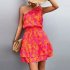 Women Summer One Shoulder Dress Bohemian Floral Printing Elastic Waist A Line Skirt Casual Lace up Short Dress rose red XL