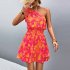 Women Summer One Shoulder Dress Bohemian Floral Printing Elastic Waist A Line Skirt Casual Lace up Short Dress rose red XL