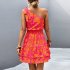 Women Summer One Shoulder Dress Bohemian Floral Printing Elastic Waist A Line Skirt Casual Lace up Short Dress rose red XL
