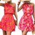 Women Summer One Shoulder Dress Bohemian Floral Printing Elastic Waist A Line Skirt Casual Lace up Short Dress rose red XL