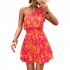 Women Summer One Shoulder Dress Bohemian Floral Printing Elastic Waist A Line Skirt Casual Lace up Short Dress rose red XL