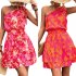 Women Summer One Shoulder Dress Bohemian Floral Printing Elastic Waist A Line Skirt Casual Lace up Short Dress rose red XL